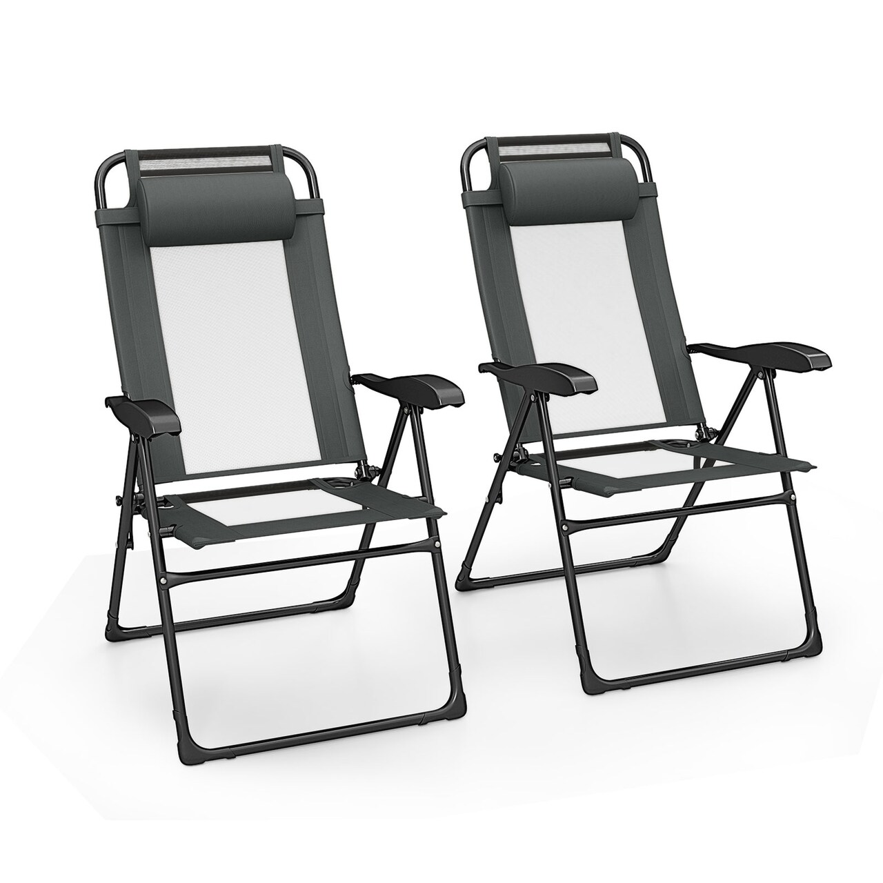 Outdoor Folding Chairs Set of 2 with Armrests and 7-Level Backrest-Gray
